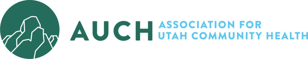 AUCH logo featuring white outlined mountains in a green circle, with AUCH in bold dark green text and ASSOCIATION FOR UTAH COMMUNITY HEALTH in light blue beside it.