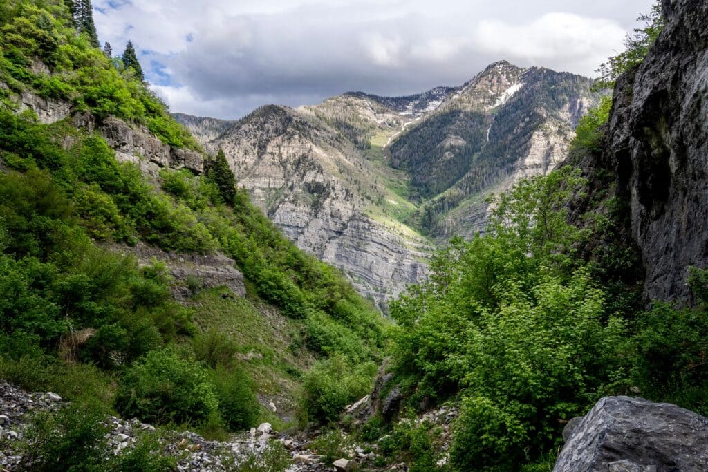 A lush green valley with rocky cliffs and dense trees, surrounded by tall, rugged mountains under a cloudy sky.