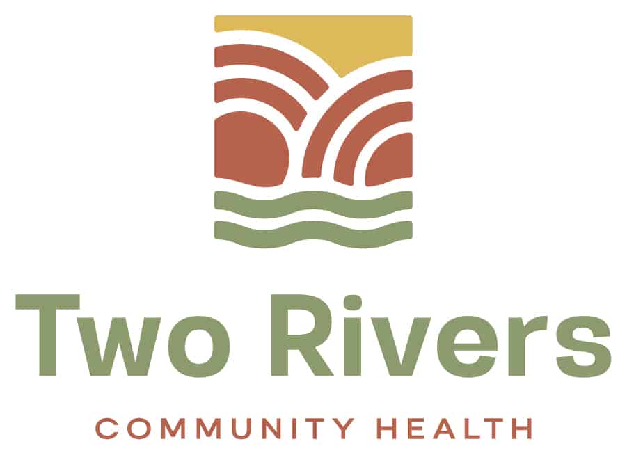 Logo for Two Rivers Community Health featuring abstract hills, water, and sun above the text Two Rivers in green, with Community Health in orange below.